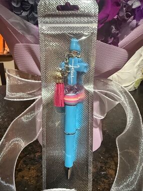 Hand Crafted Light Blue Cross Pen with Pink Tassel